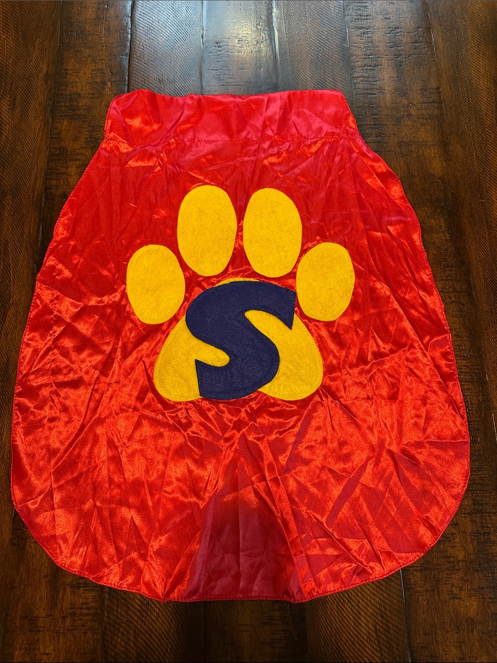 Red Dog Costume Cape with Yellow Paw and Blue 'S' Accent